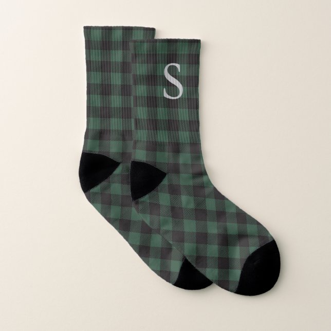 Classic Green Black Buffalo Tartan Plaid Monogram Socks (Pair)
