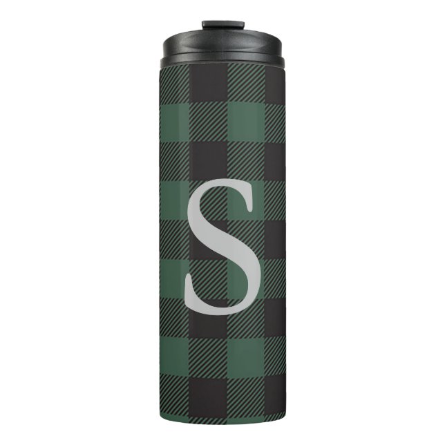 Classic Green Black Buffalo Tartan Plaid Monogram Thermal Tumbler (Front)