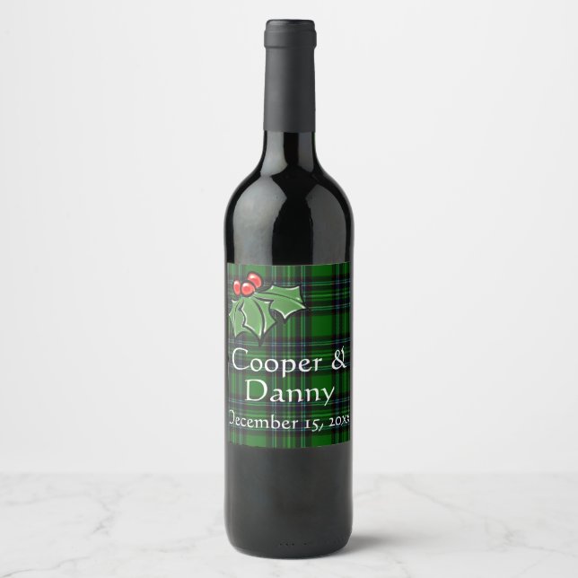 Classic green black plaid christmas Holly greenry Wine Label (Front)