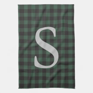 Classic Green Black Tartan Plaid Monogrammed Tea Towel
