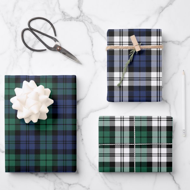 Classic Green Blue Black Watch Plaid Christmas Wrapping Paper Sheet (Front)