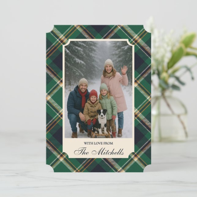 Classic Green Blue Yellow Plaid Pattern Holiday Card (Standing Front)