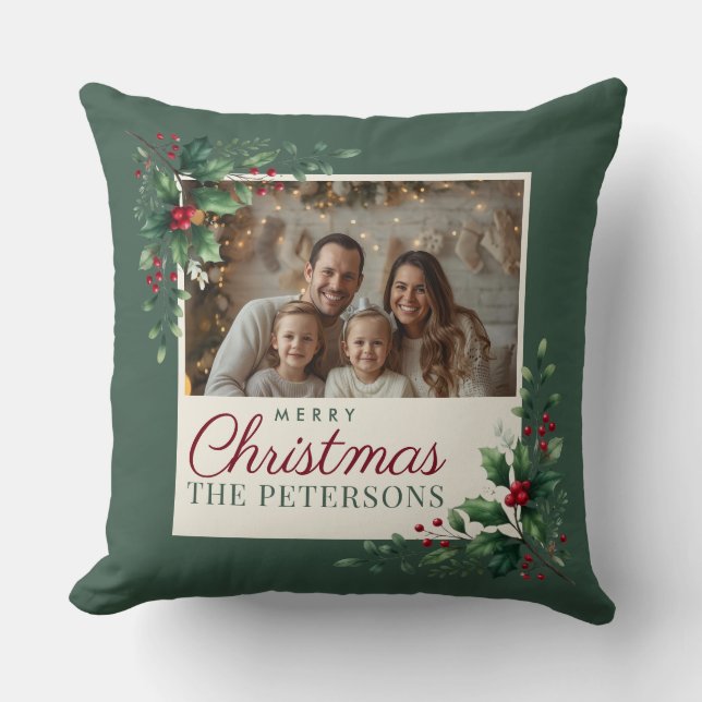 Classic Green Botanical Photo Christmas Pillow (Front)