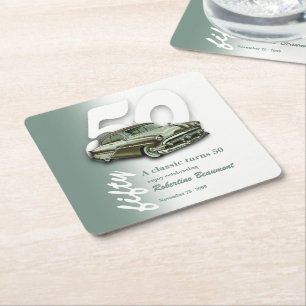 Classic Green Car Turns 50th Birthday Square Paper Coaster
