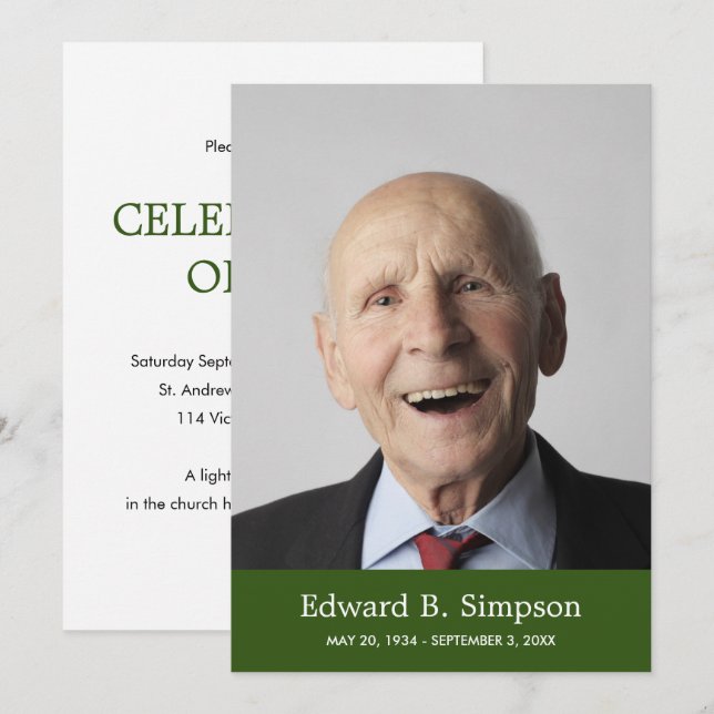 Classic Green Celebration Of Life With Photo Invitation (Front/Back)