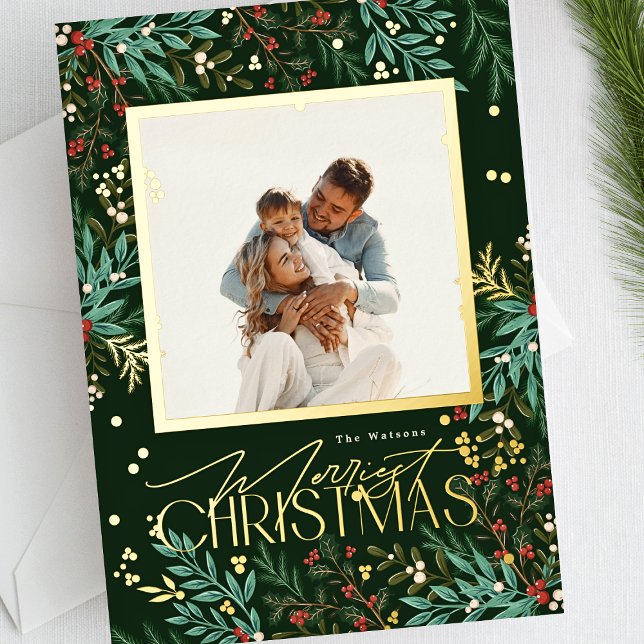 Classic Green Christmas One Photo Gold Botanical Foil Holiday Card (Creator Uploaded)