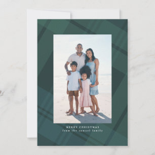 Classic green Christmas plaid simple two photo Holiday Card
