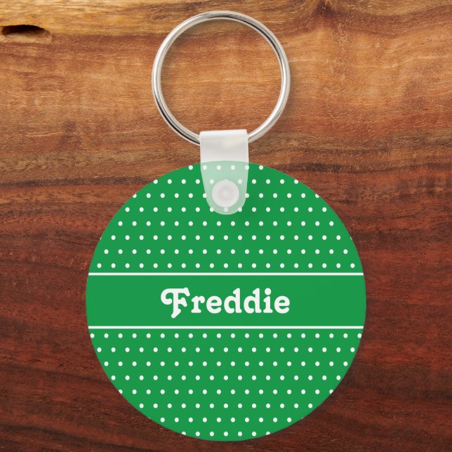 Classic Green Custom Name Green Polka Dot Key Ring (Front)