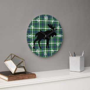 Classic Green Dark Blue Lumberjack Plaid Pattern Large Clock