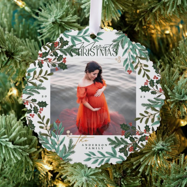 Classic Green Enchanting Botanical Christmas photo Tree Decoration Card (Insitu (Tree))