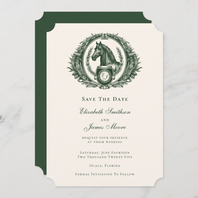 Classic Green Equestrian Monogram Crest Wedding Save The Date (Front/Back)