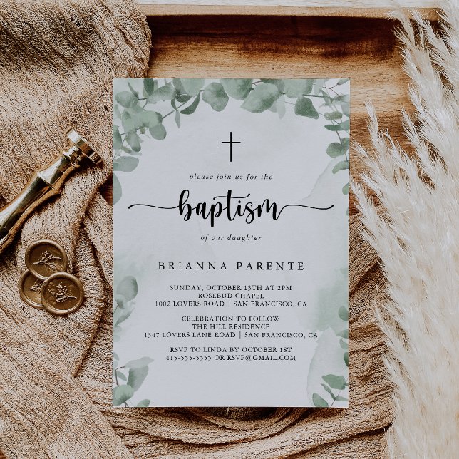 Classic Green Eucalyptus Foliage Baptism Invitation (Creator Uploaded)