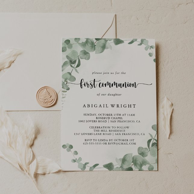 Classic Green Eucalyptus Foliage First Communion Invitation (Creator Uploaded)