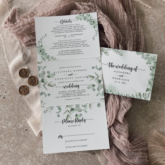 Classic Green Eucalyptus Foliage Wedding  Tri-Fold Invitation (Creator Uploaded)