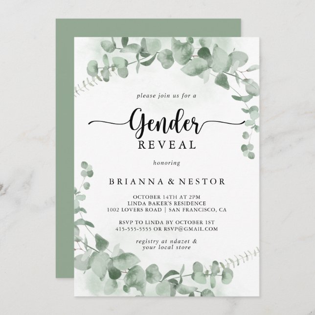 Classic Green Eucalyptus Gender Reveal Party  Invitation (Front/Back)