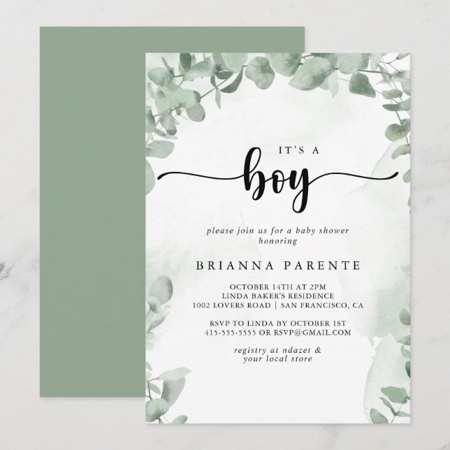 Classic Green Eucalyptus It's A Boy Baby Shower  Invitation (Front/Back)