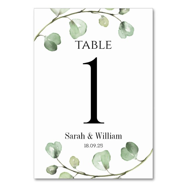 Classic Green Eucalyptus Wedding Table Number (Front)