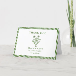Classic Green Floral Stripe Wedding Thank You Card