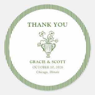 Classic Green Floral Stripe Wedding Thank You Round Sticker