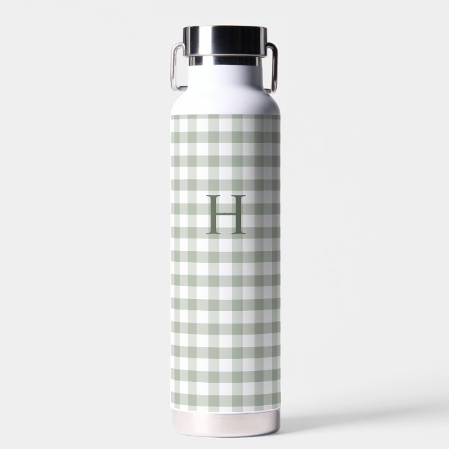 Classic Green Gingham Modern Monogram Water Bottle (Front)