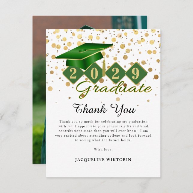 Classic Green Gold Graduation Photo Thank You Card (Front/Back)