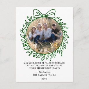 Classic Green Hand Drawn Bow Wreath Christmas Holiday Postcard