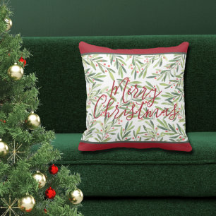 Classic Green Holly and Berries Merry Christmas Cushion
