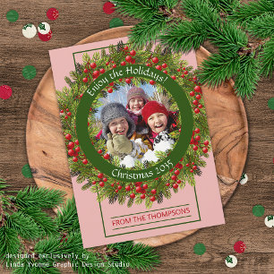 Classic Green Holly Red Berries On Pink Holiday Card