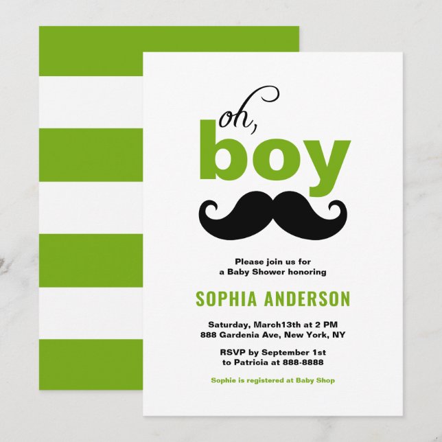 Classic Green It's a Boy Moustache Baby Shower Invitation (Front/Back)