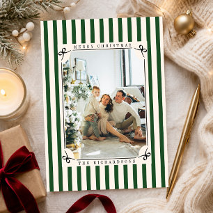 Classic Green & Ivory Stripes One Photo Christmas  Holiday Card