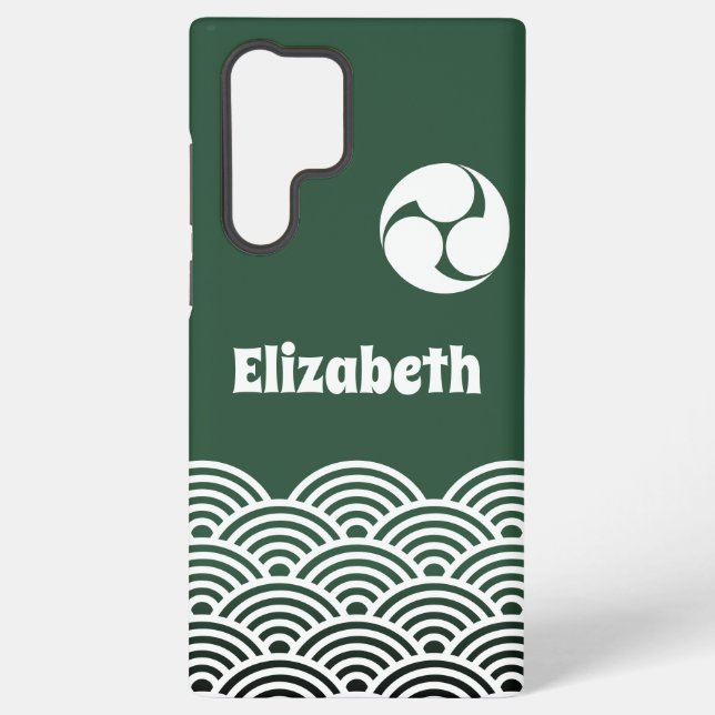 Classic Green Japanese Wave Pattern with Your Name Samsung Galaxy S22 Ultra Case (Back)