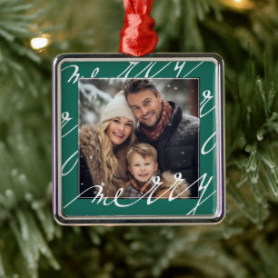 Classic Green Merry Christmas Personalised Family Metal Ornament
