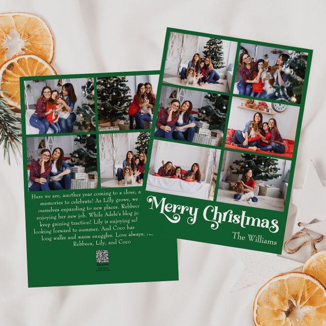 Classic Green Merry Christmas Vertical Ten Photo Holiday Card (Creator Uploaded)