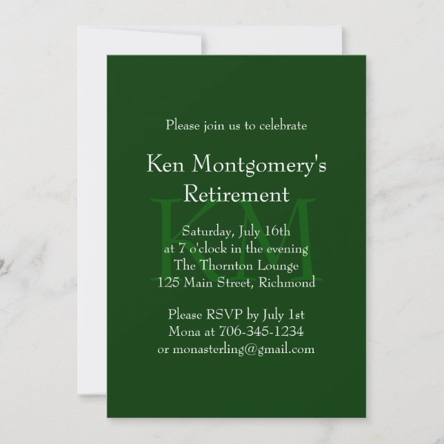 Classic Green Monogram Retirement Invitation (Front)