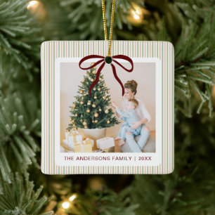 Classic Green Pink Stripes Red Bow Christmas Ceramic Ornament
