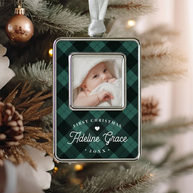 Classic Green Plaid Baby's First Christmas Photo Silver Plated Framed Ornament (Creator Uploaded)