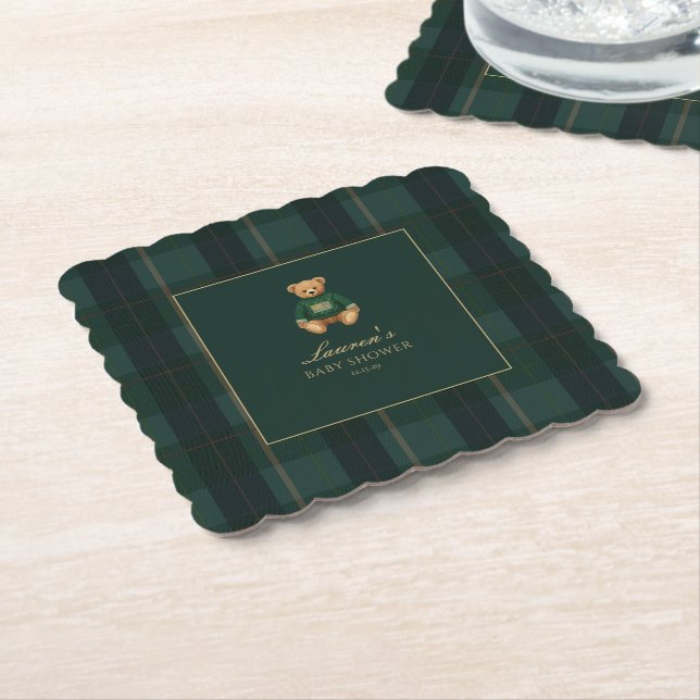 Classic Green Plaid Bear Baby Shower  Paper Coaster (Angled)
