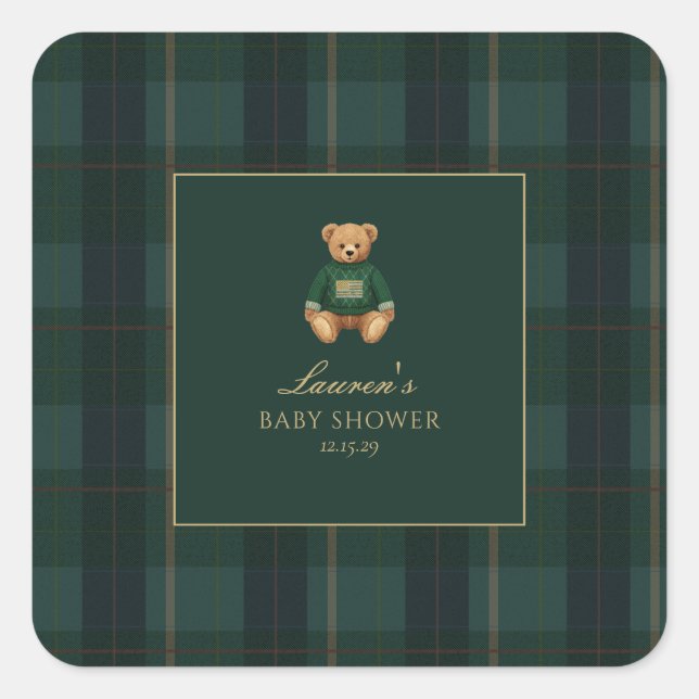 Classic Green Plaid Bear Baby Shower  Square Sticker (Front)
