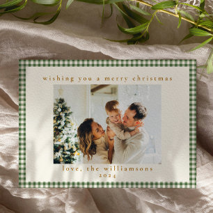 Classic Green Plaid Custom Two Photo Christmas Holiday Card
