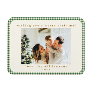 Classic Green Plaid Custom Two Photo Christmas Magnet