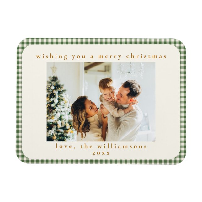 Classic Green Plaid Custom Two Photo Christmas Magnet (Horizontal)