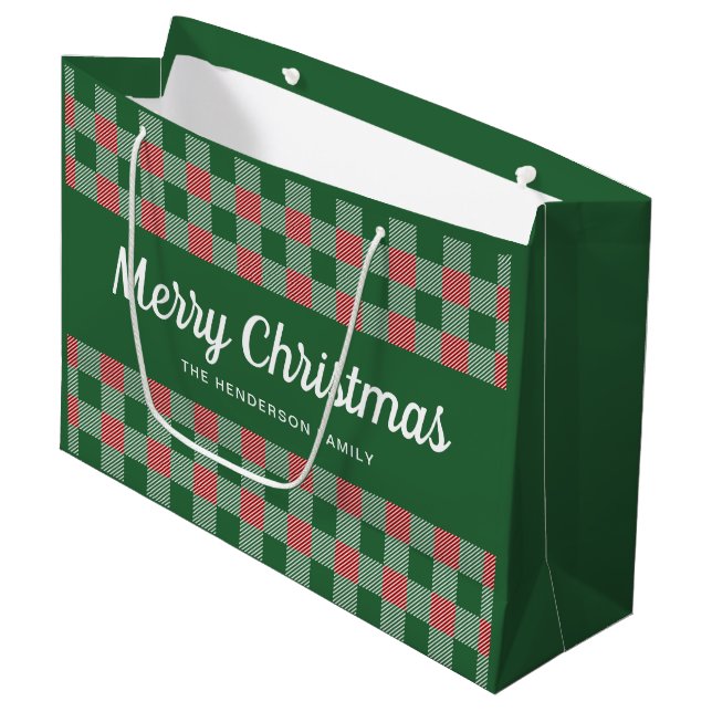 Classic Green Plaid Merry Christmas Large Gift Bag (Front Angled)
