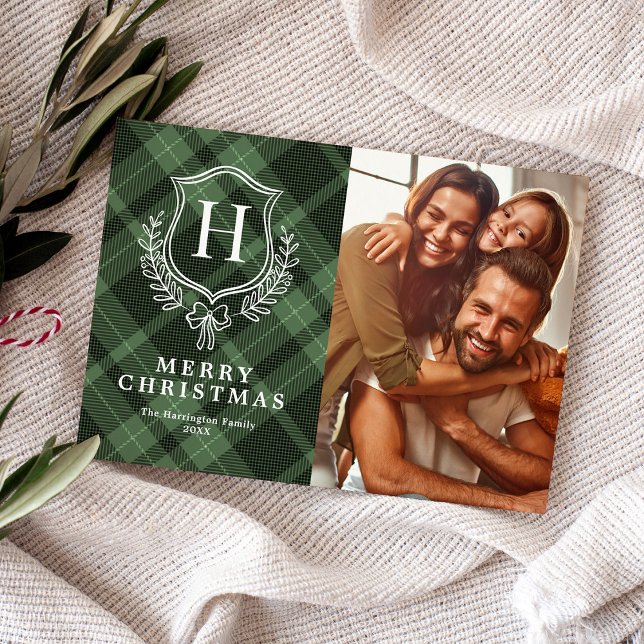 Classic Green Plaid Monogram Photo Christmas Holiday Card (Creator Uploaded)
