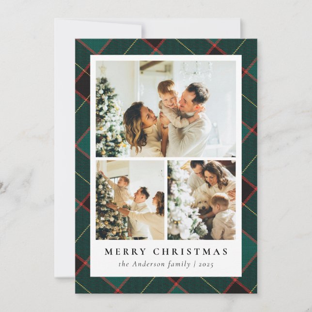 Classic Green Plaid & Photo Collage Christmas Holiday Card (Front)