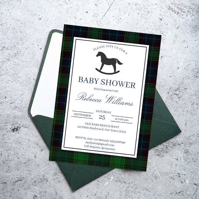 Classic green plaid rocking horse baby shower invitation (Classic emerald green plaid vintage rocking horse baby shower invitation cards template)
