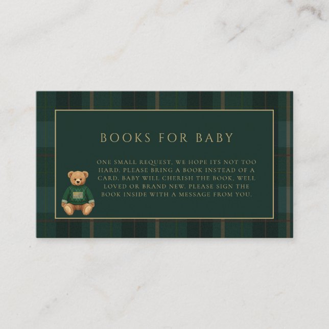 Classic Green Plaid Teddy Bear Theme Baby Shower  Enclosure Card (Front)