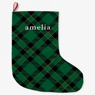 Classic Green Plaid with Name Holiday Large Christmas Stocking