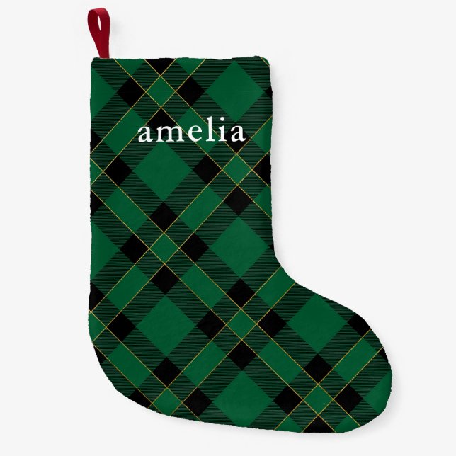 Classic Green Plaid with Name Holiday Small Christmas Stocking (Front)