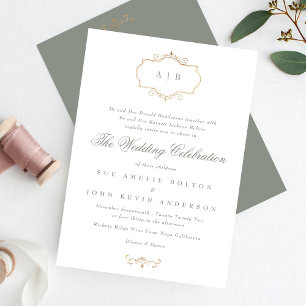 classic green sage gold crest monogram wedding invitation