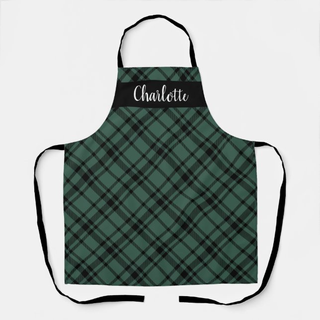 Classic Green Scottish Tartan Plaid Monogram Apron (Front)